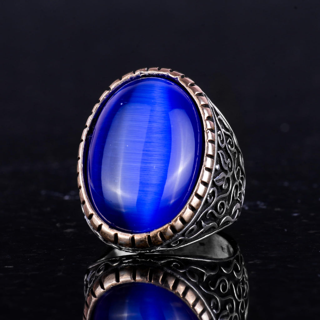 925 Sterling Silver Men's Ring - Big Ring (Dark Blue Cat Eye Stone) — 6