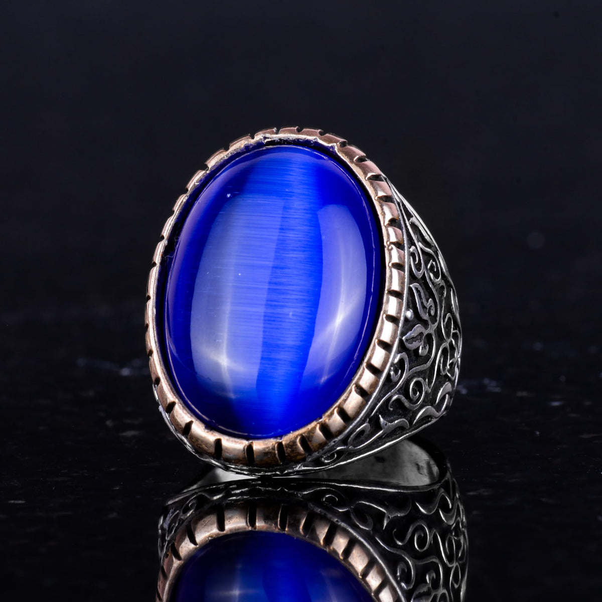 925 Sterling Silver Men's Ring - Big Ring (Dark Blue Cat Eye Stone) — 6