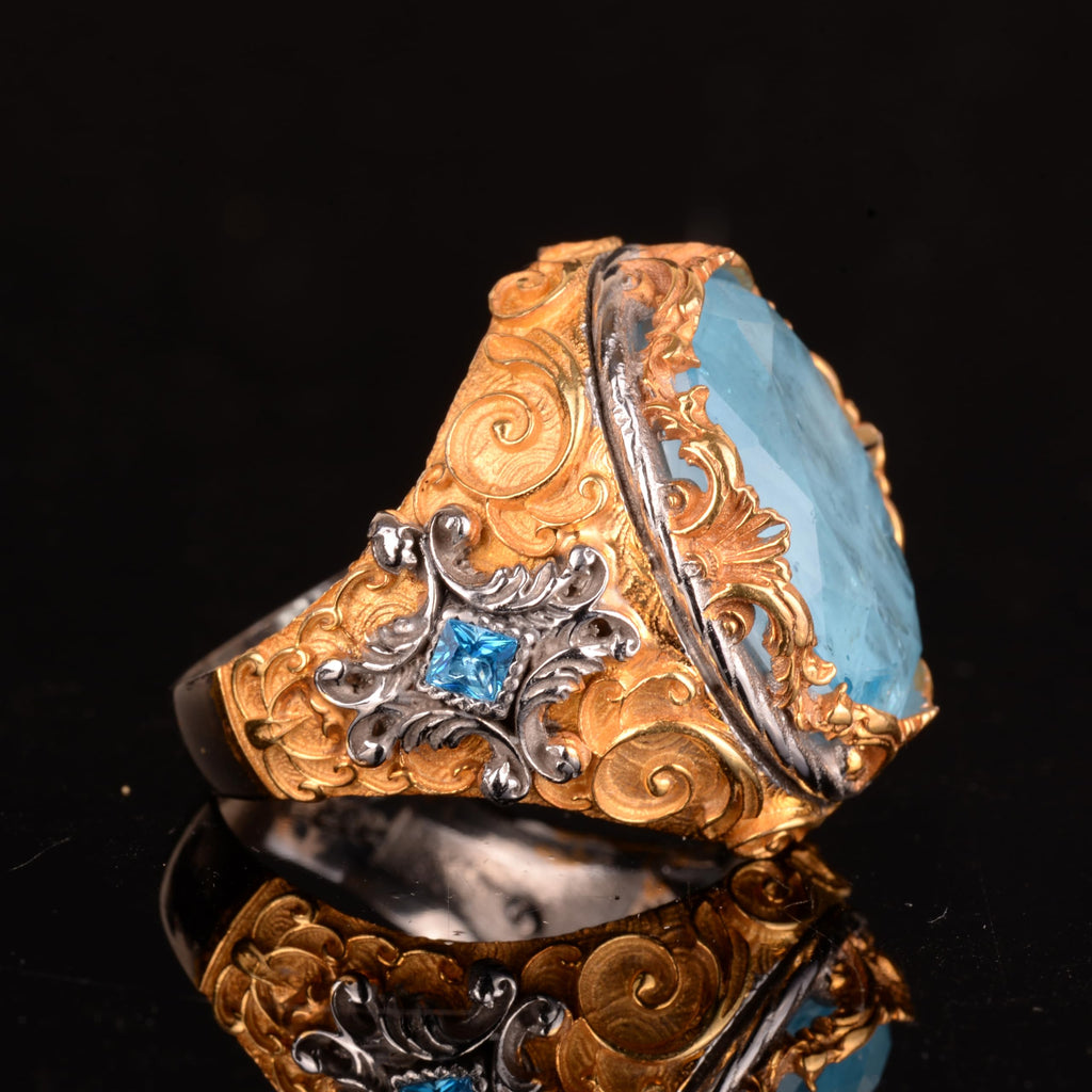 925 Sterling Silver Ring, Artificial Paraiba Stone Men's Silver Ring — 6