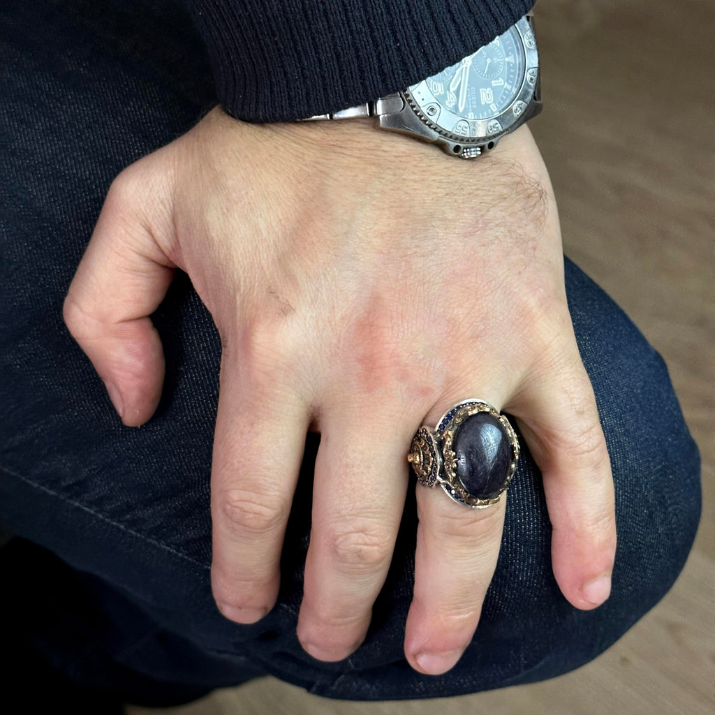 Natural Sapphire Stone Ring, Lion Ring, 925 Sterling Silver Men's Ring — 3