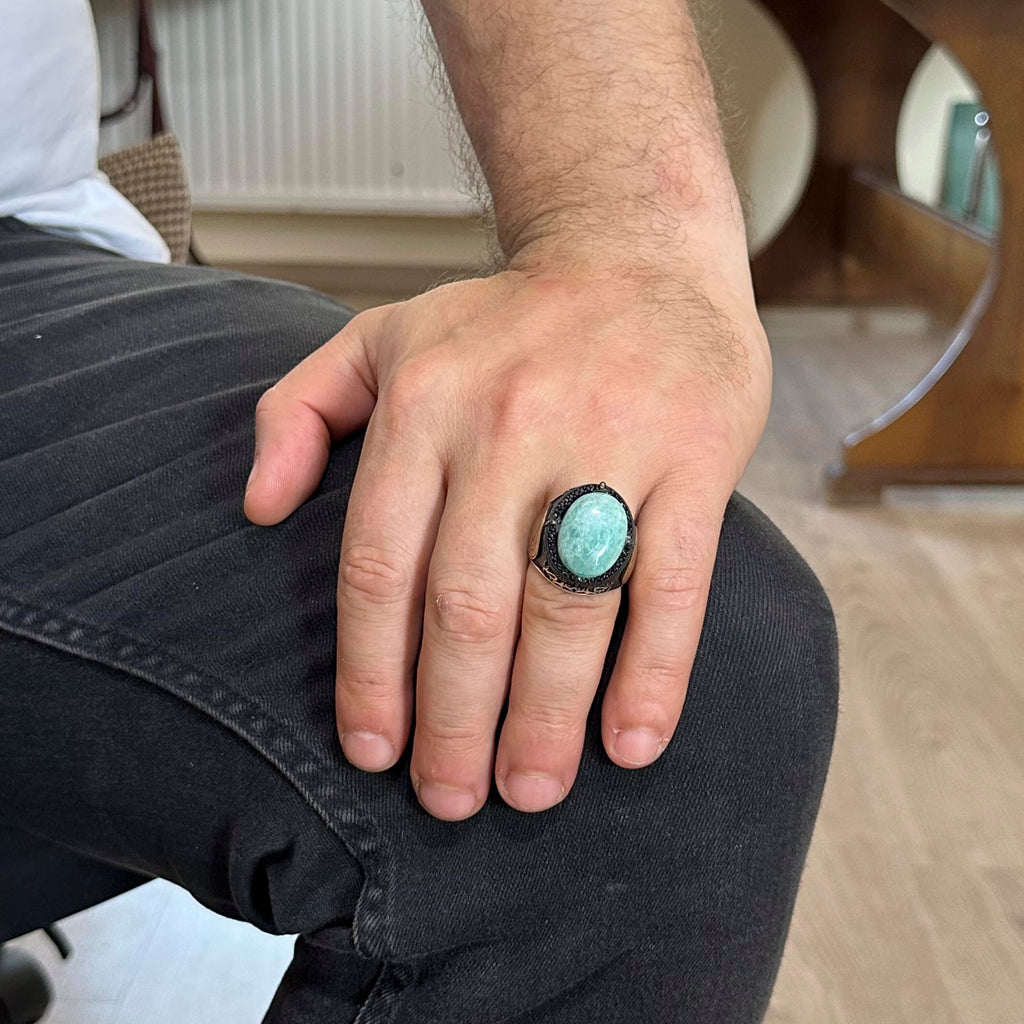 Natural Cabochon Amazonite Stone Ring - 925 Sterling Silver Men's Ring — 3