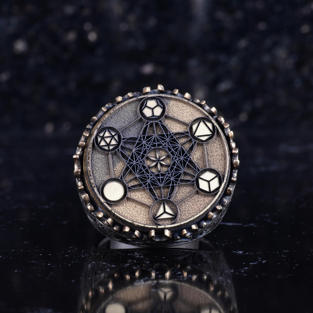 KAMBO Large Men's Ring – 925 Sterling Silver Handmade Ring – Round Ottoman Style Amulet Statement Ring – Vintage Artisan Men's Jewelry (Sacred Geometry Metatron Cube) — 4