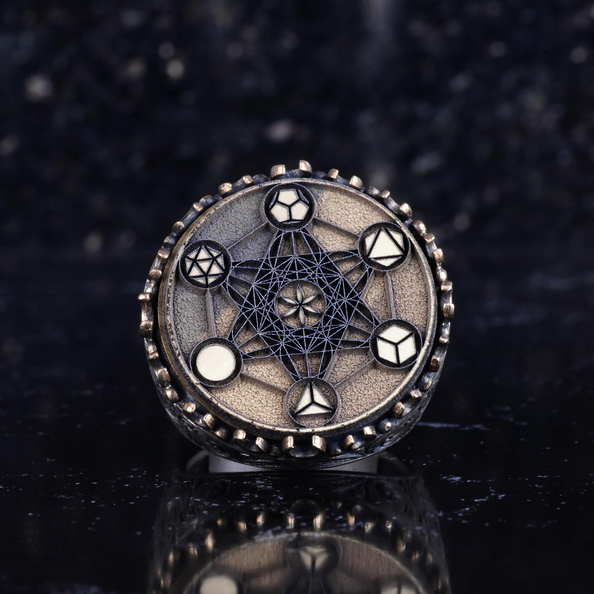 KAMBO Large Men's Ring – 925 Sterling Silver Handmade Ring – Round Ottoman Style Amulet Statement Ring – Vintage Artisan Men's Jewelry (Sacred Geometry Metatron Cube) — 4