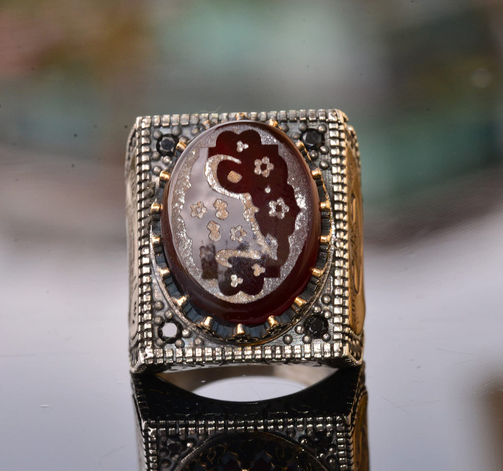 Natural Agate Stone Ring - Islamic Gift, Men's Ring, Silver — 5