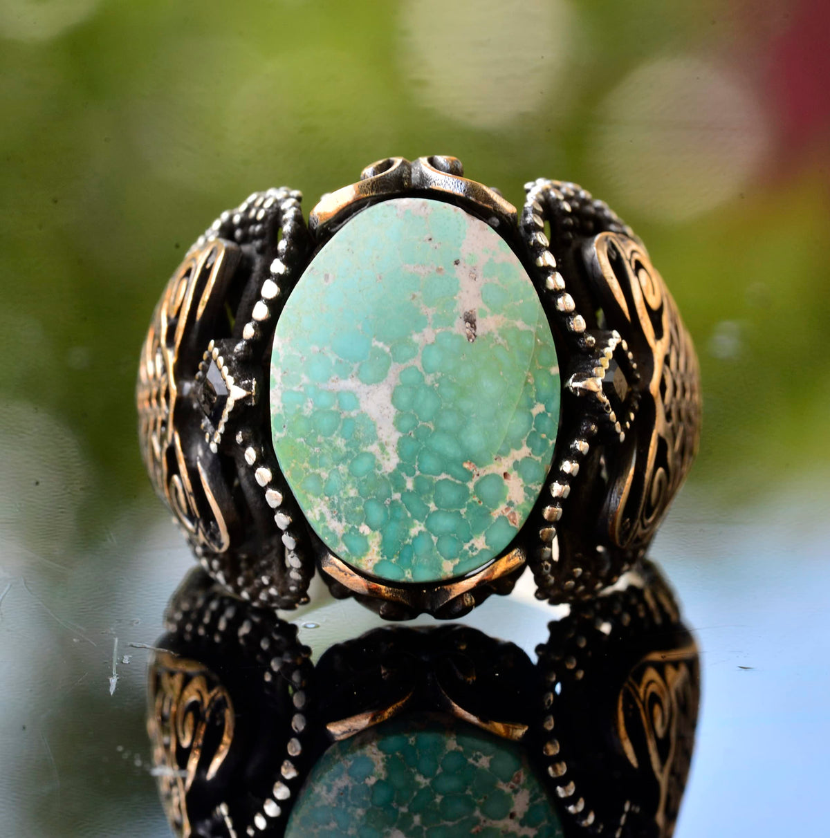 Men's Green Turquoise Stone Ring - Vintage Middle Eastern Design with 925 Sterling Silver — 3