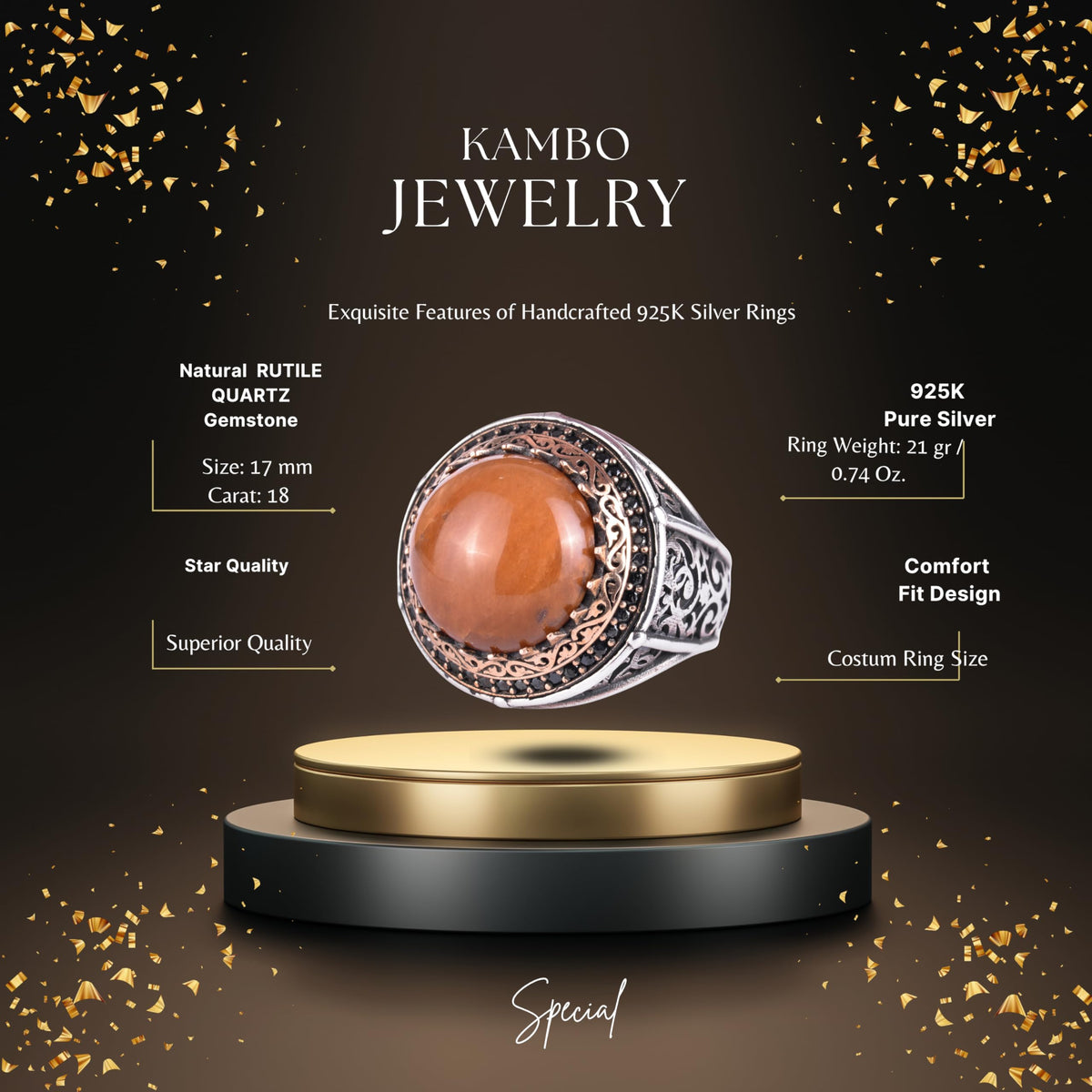 KAMBO Stone 925 Sterling Silver Men's Round Ring with Bronze Detail Vintage Ottoman Style Handmade Silver Ring (Rutilated Quartz-2) — 2