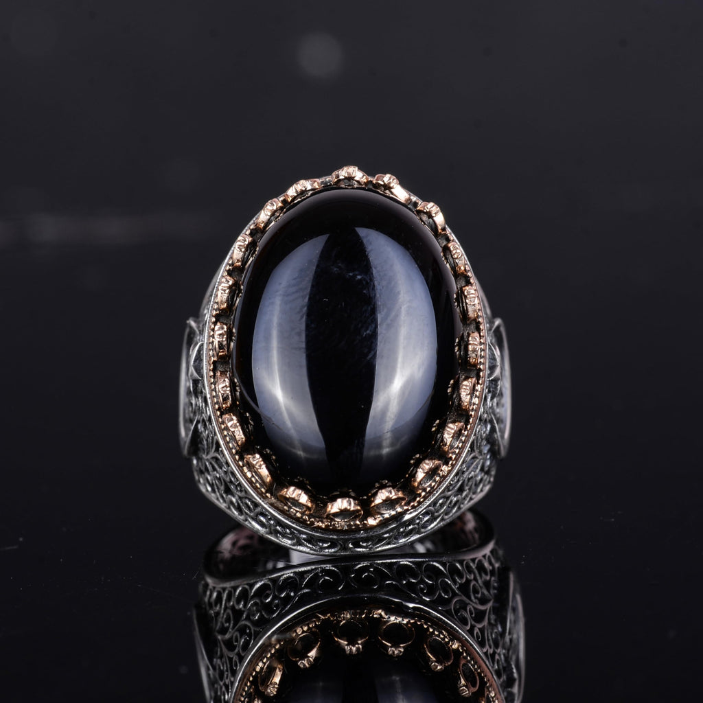 KAMBO 925 Sterling Silver Men's Natural Stone Ring - Moon and Star Design - Handmade Vintage Jewelry (Onyx) — 4