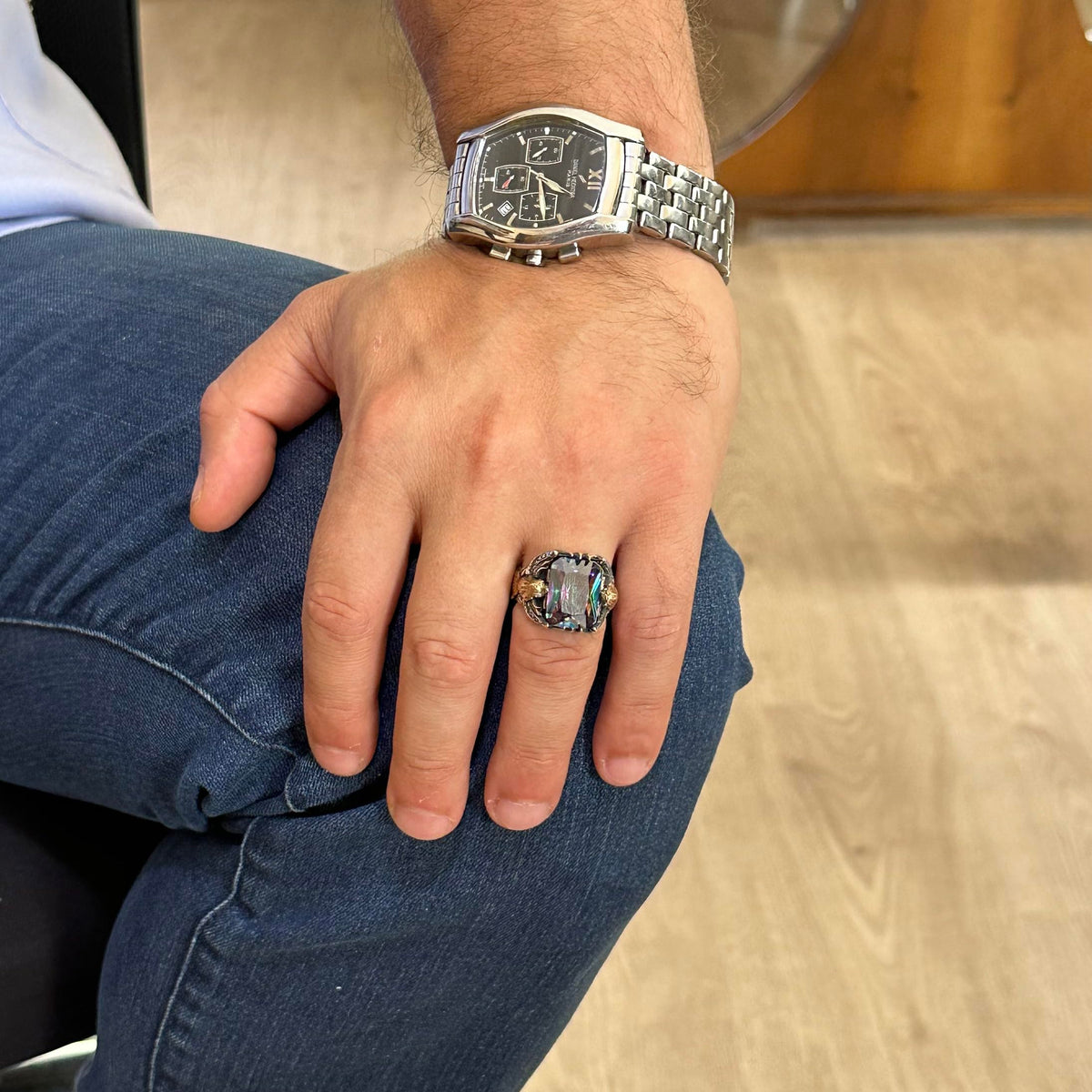 Handmade 925 Sterling Silver Men's Eagle Ring, Mystic Topaz Stone — 3