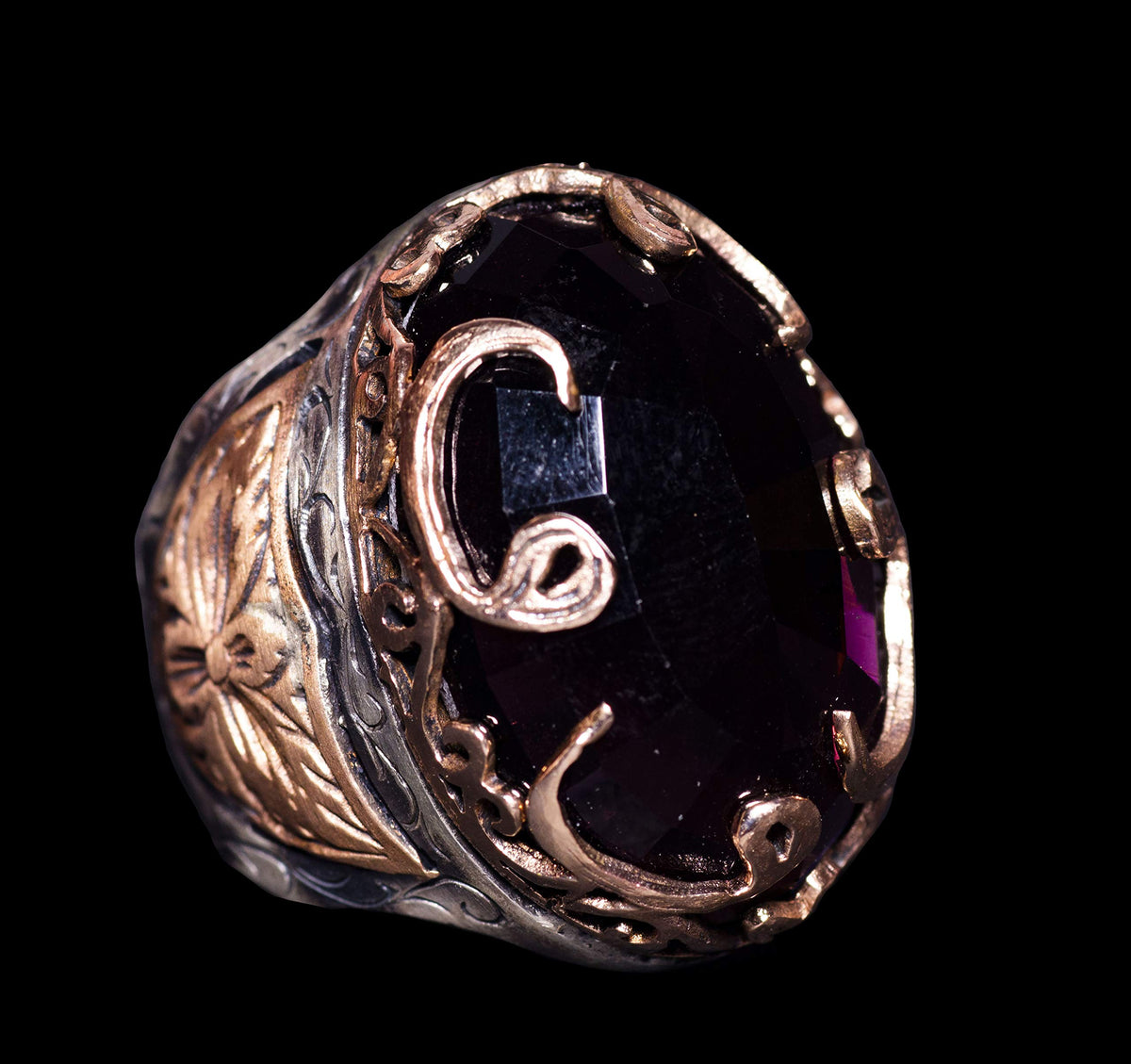 925 Sterling Silver Men's Ring - Artificial Amethyst Stone, Fine Gold Detail — 5