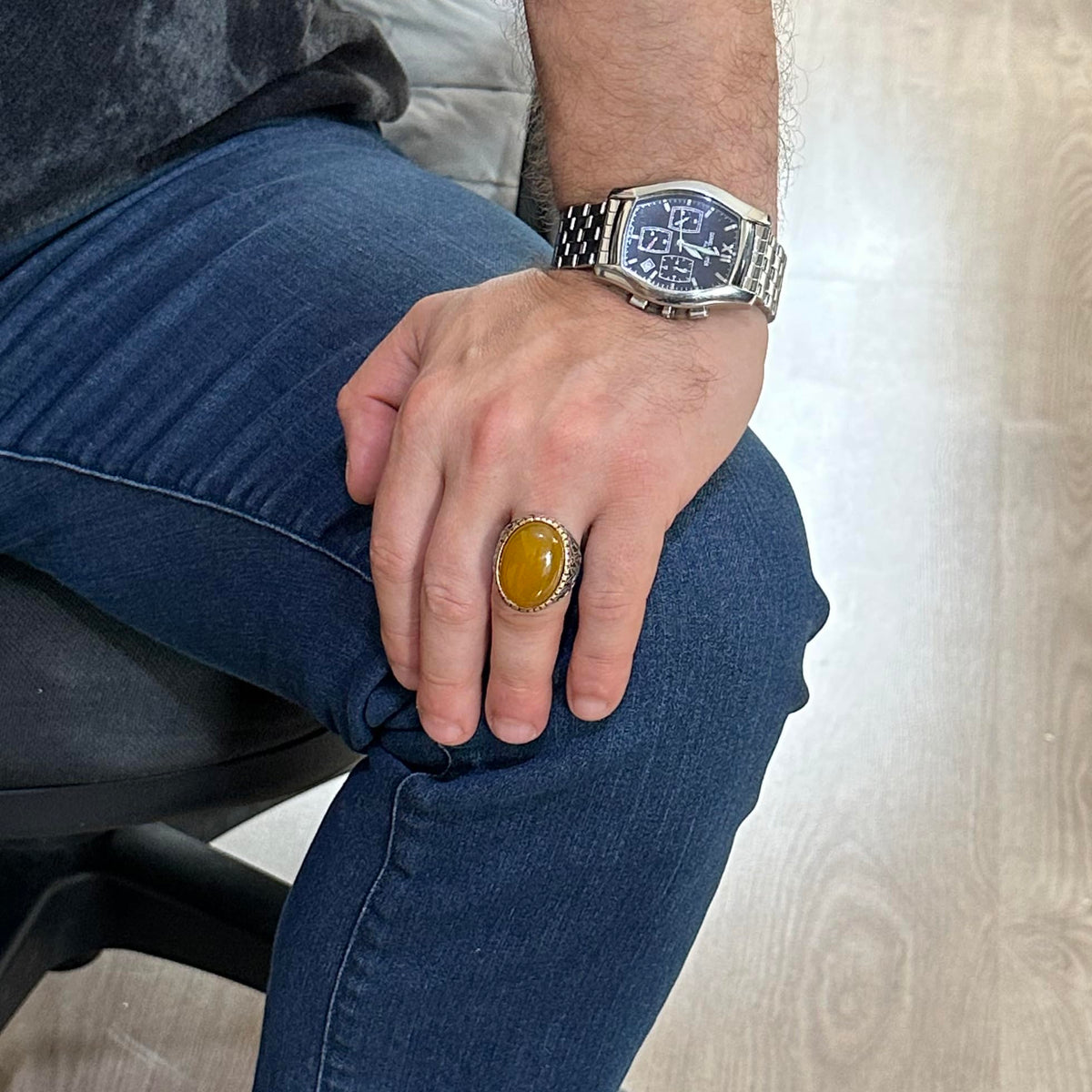 925 Sterling Silver Ring, Natural Stone Ring, Designer Silver Men's Ring (Yellow Tree) — 3