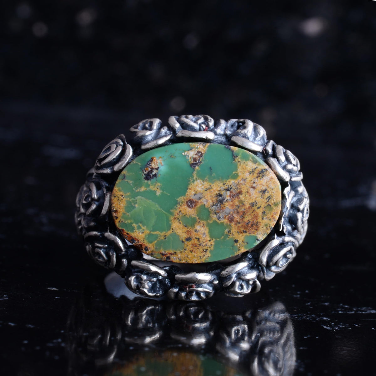 KAMBO 925 Sterling Silver Natural Stone Men's Ring – Handmade Floral Vintage Men's Statement Ring (Turquoise) — 4
