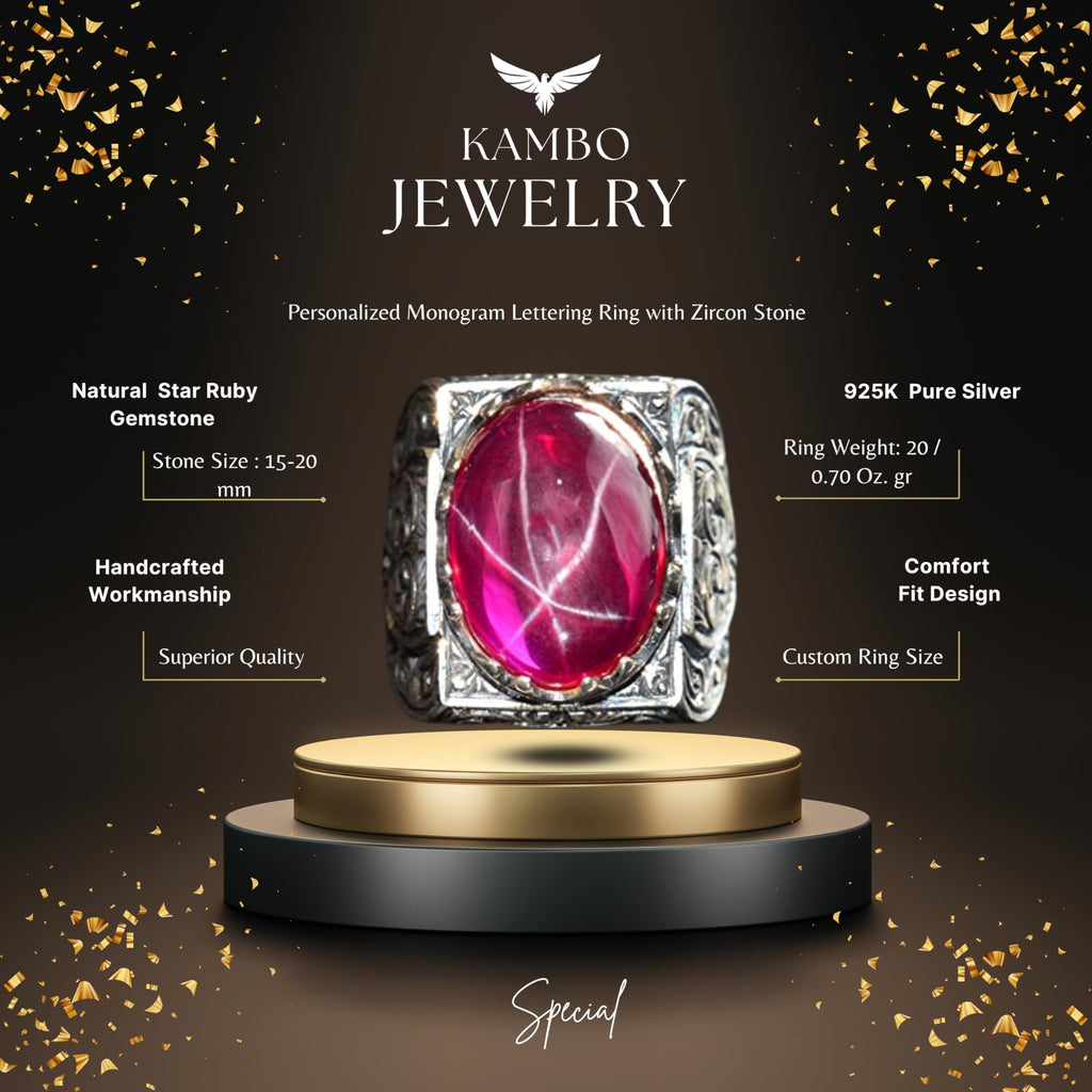 KAMBO Handmade Natural Star Ruby Men's Ring in 925 Sterling Silver with Intricate Six-Ray Star Engraved Design Vintage S