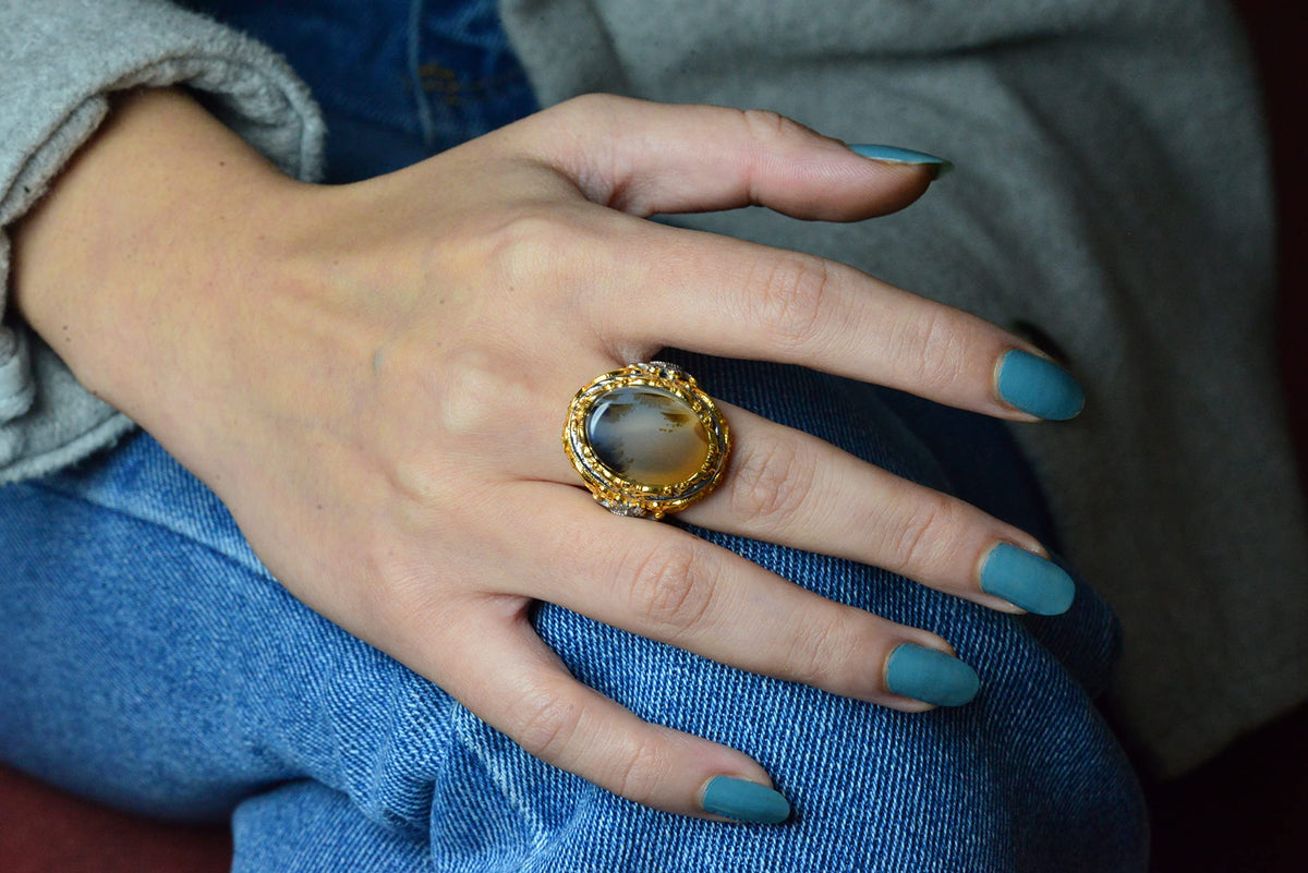 Natural Yemeni Agate Stone Ring, Handmade Sultan Ring, 925 Sterling Silver Gold Plated Men's Ring — 7