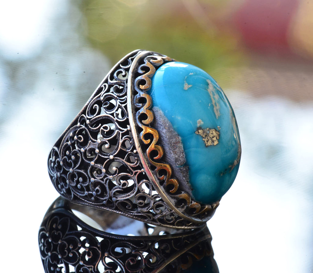 Natural Arizona Turquoise Stone Ring, 925 Sterling Silver Men's Ring (Model-3) — 4