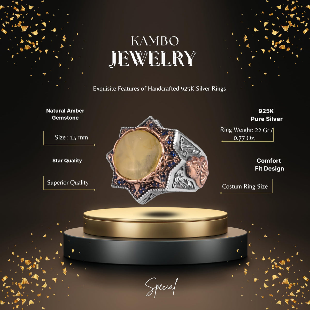 KAMBO 925 Sterling Silver Natural Amber Stone Large Ring - Star Frame Design Handmade Men's Jewelry (Style-2) — 2