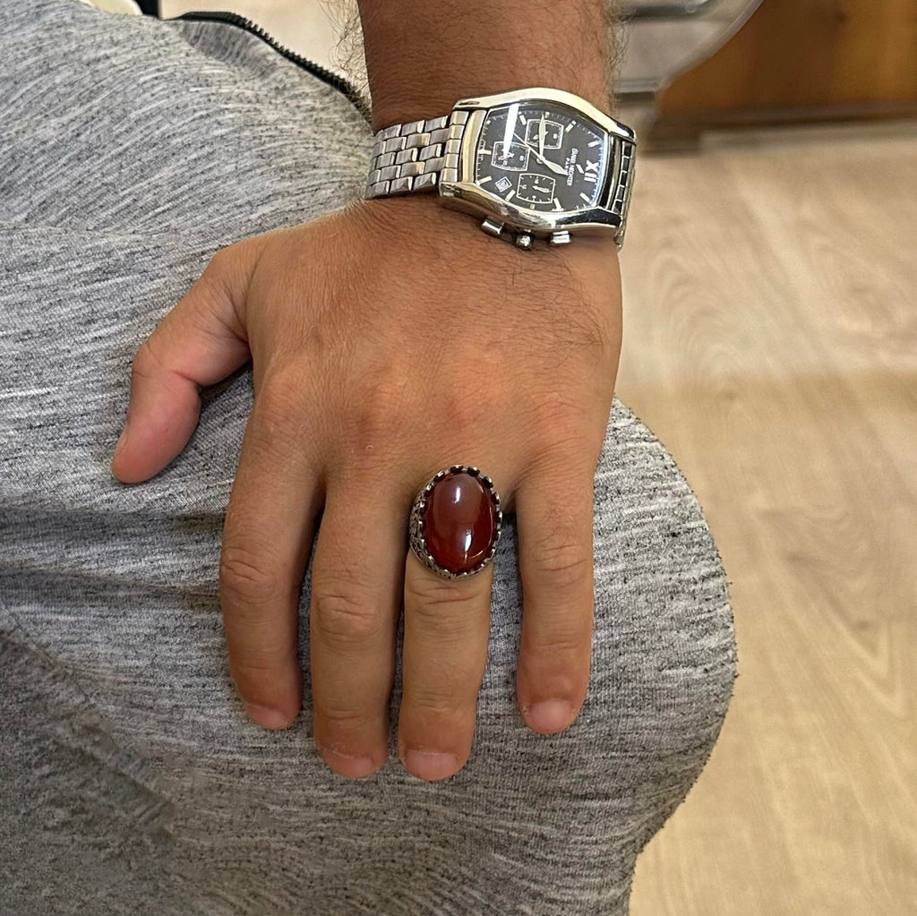 Natural Stone Ring - Rose Pattern - 925 Sterling Silver - Handmade Ring (Red Agate) — 3