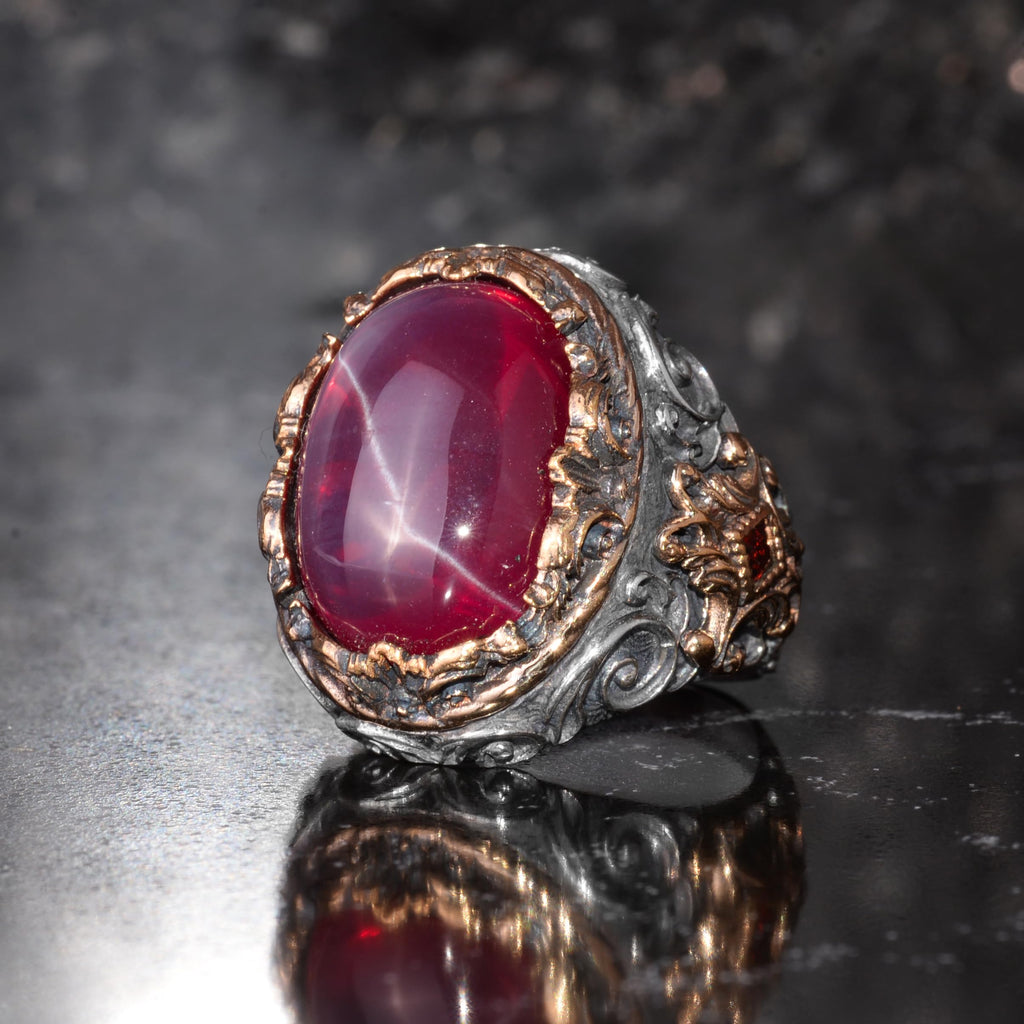 KAMBO Natural Star Ruby Stone Ring for Men 925 Sterling Silver Bronze Detailed Ottoman Pattern Handmade Statement Ring Asterism Ruby — 5