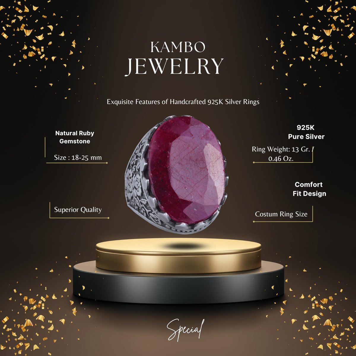 Kambo Genuine Natural Ruby Stone Rose Pattern 925 Sterling Silver Handcrafted Large Ring — 2