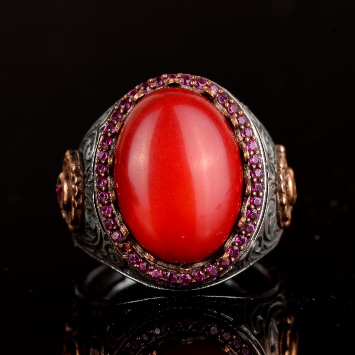 Natural Coral Stone Ring - 925 Sterling Silver — 6