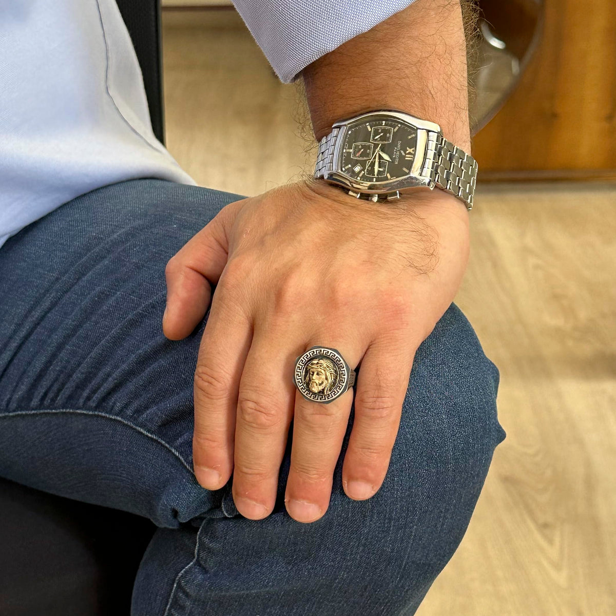 925 Sterling Silver Ring - Men's Ring with Greek Key Design - Handmade Ring (Jesus) — 3