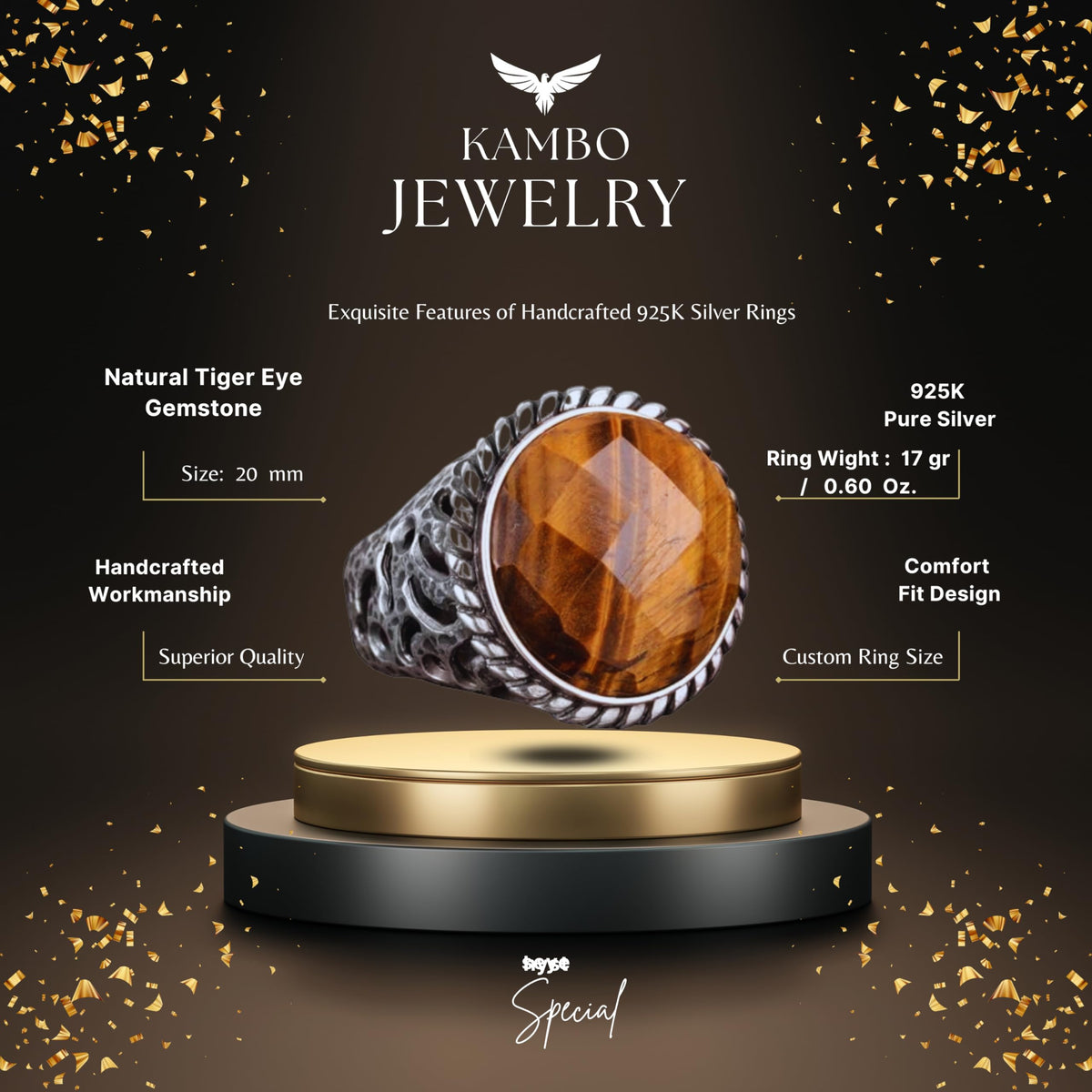 Natural Tiger's Eye Stone Ring - 925 Sterling Silver — 2