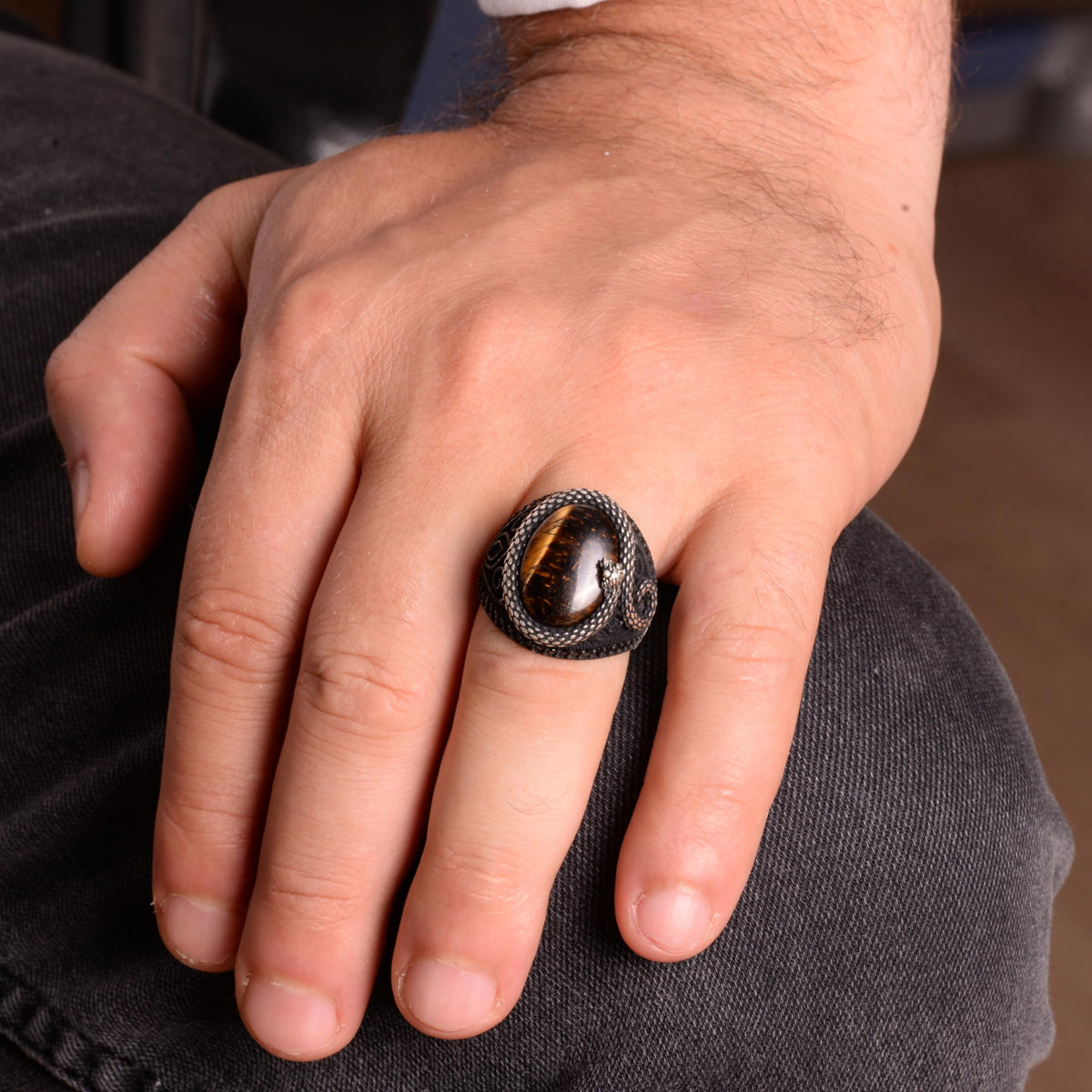 KAMBO Natural Tiger's Eye Gemstone Ring, Snake Silver Ring, 925 Sterling Silver Men's Ring — 2