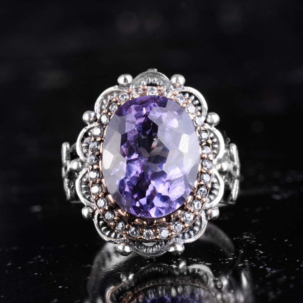 KAMBO Certified Alexandrite Women's Ring - 925 Sterling Silver Vintage Flower Ring - Handmade Purple Stone Statement Jewelry for Women — 3