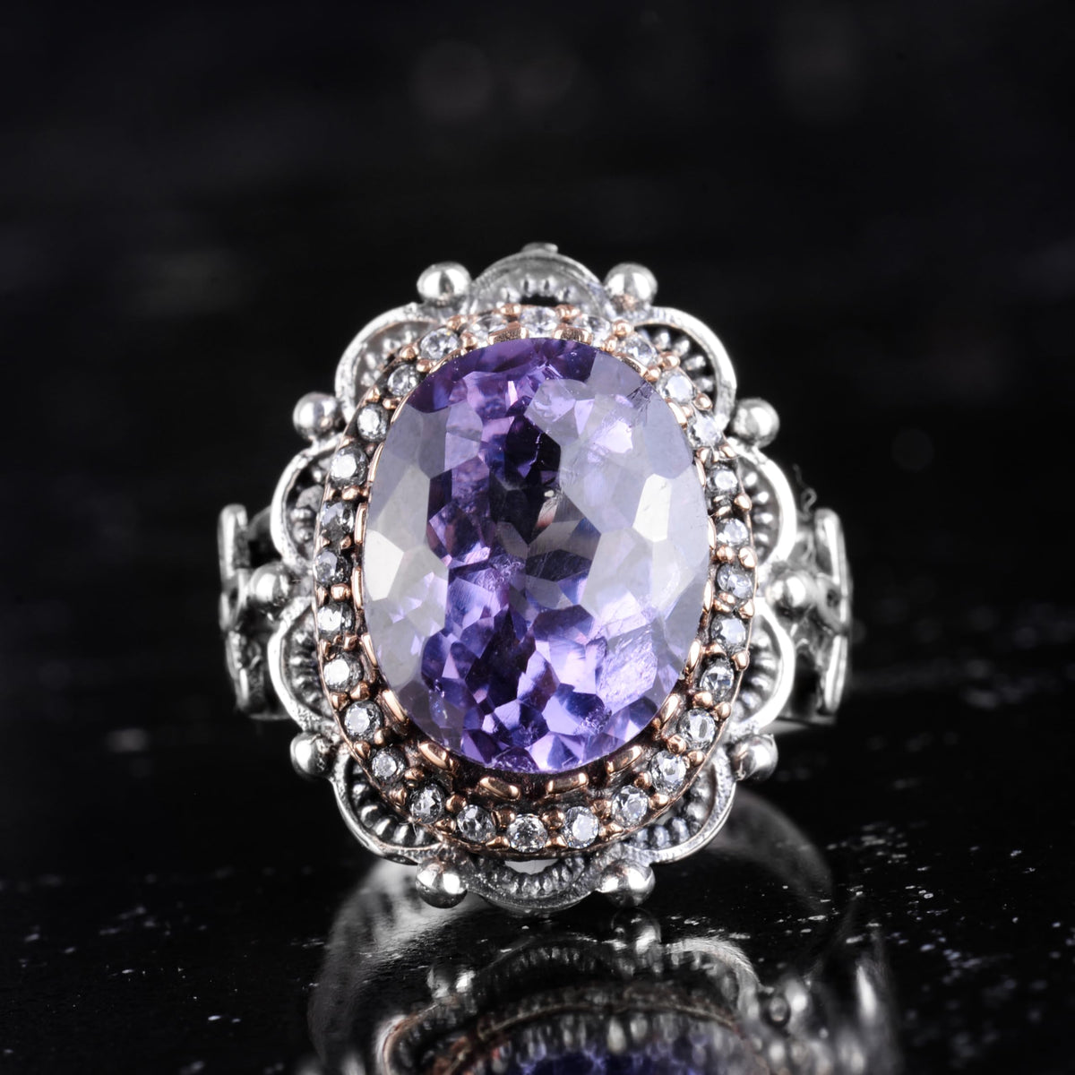 KAMBO Certified Alexandrite Women's Ring - 925 Sterling Silver Vintage Flower Ring - Handmade Purple Stone Statement Jewelry for Women — 3