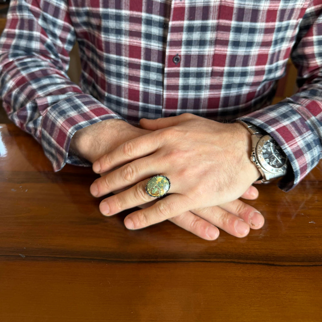 KAMBO Natural Arizona Turquoise Stone Large Men's Ring 925 Sterling Silver Crown Frame Oval Cabochon Ottoman Pattern Handmade Statement Ring (Turquoise-4) — 3