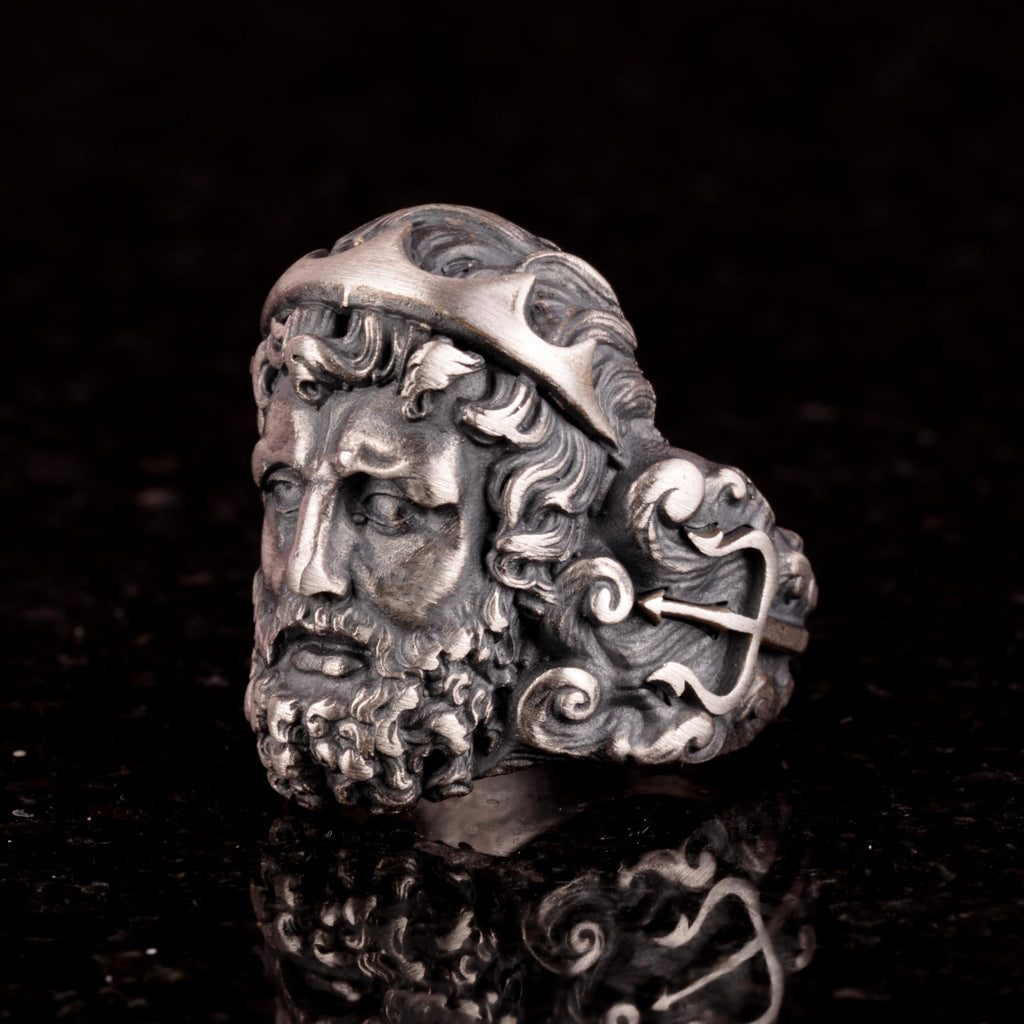 KAMBO Handmade 925 Sterling Silver Roman God Neptune Ring for Men, Gothic Trident Engraved Greek Mythological Design, Vi