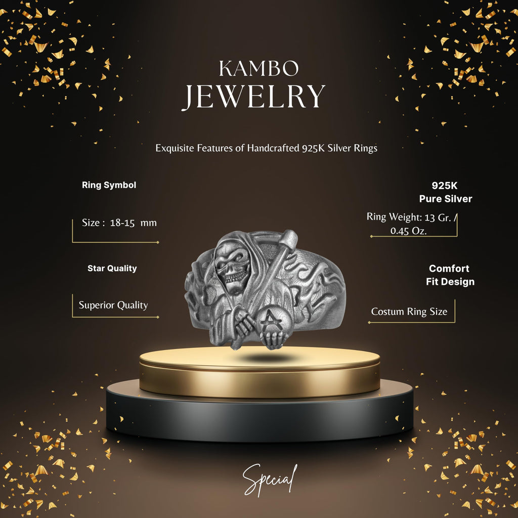 KAMBO 925 Sterling Silver Men's Azrael Ring – Gothic Skull Reaper Design – Handmade Punk Rock Silver Jewelry (Silver) — 2