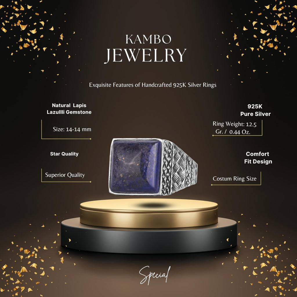 KAMBO Natural Stone Men's Ring 925 Sterling Silver Square Stone Handmade Statement Ring Unique Masculine Jewelry (Lapis Lazuli) — 2