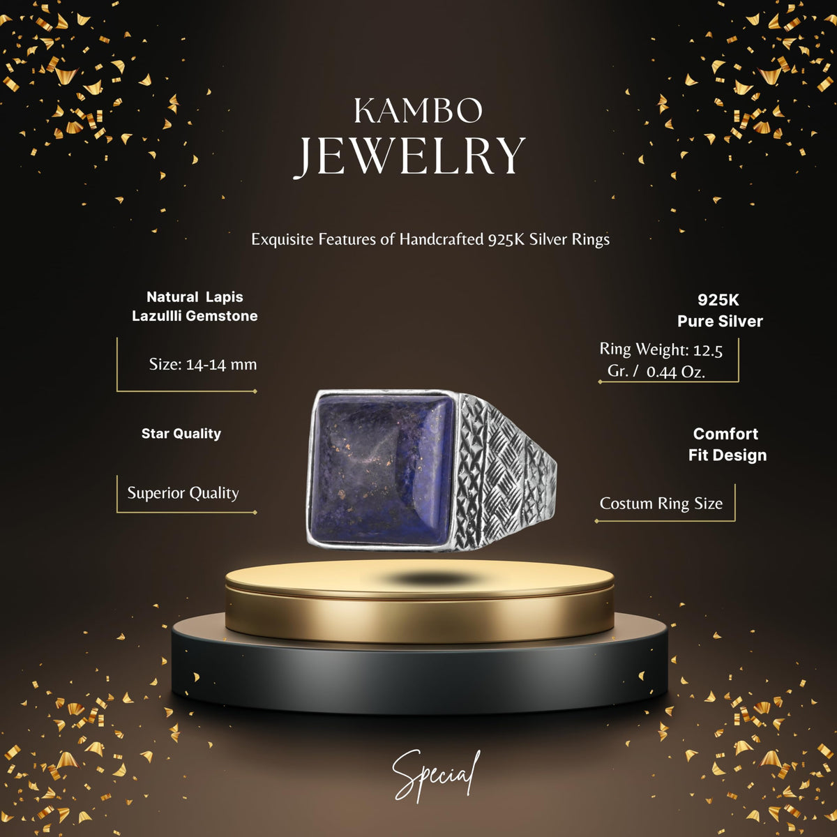 KAMBO Natural Stone Men's Ring 925 Sterling Silver Square Stone Handmade Statement Ring Unique Masculine Jewelry (Lapis Lazuli) — 2