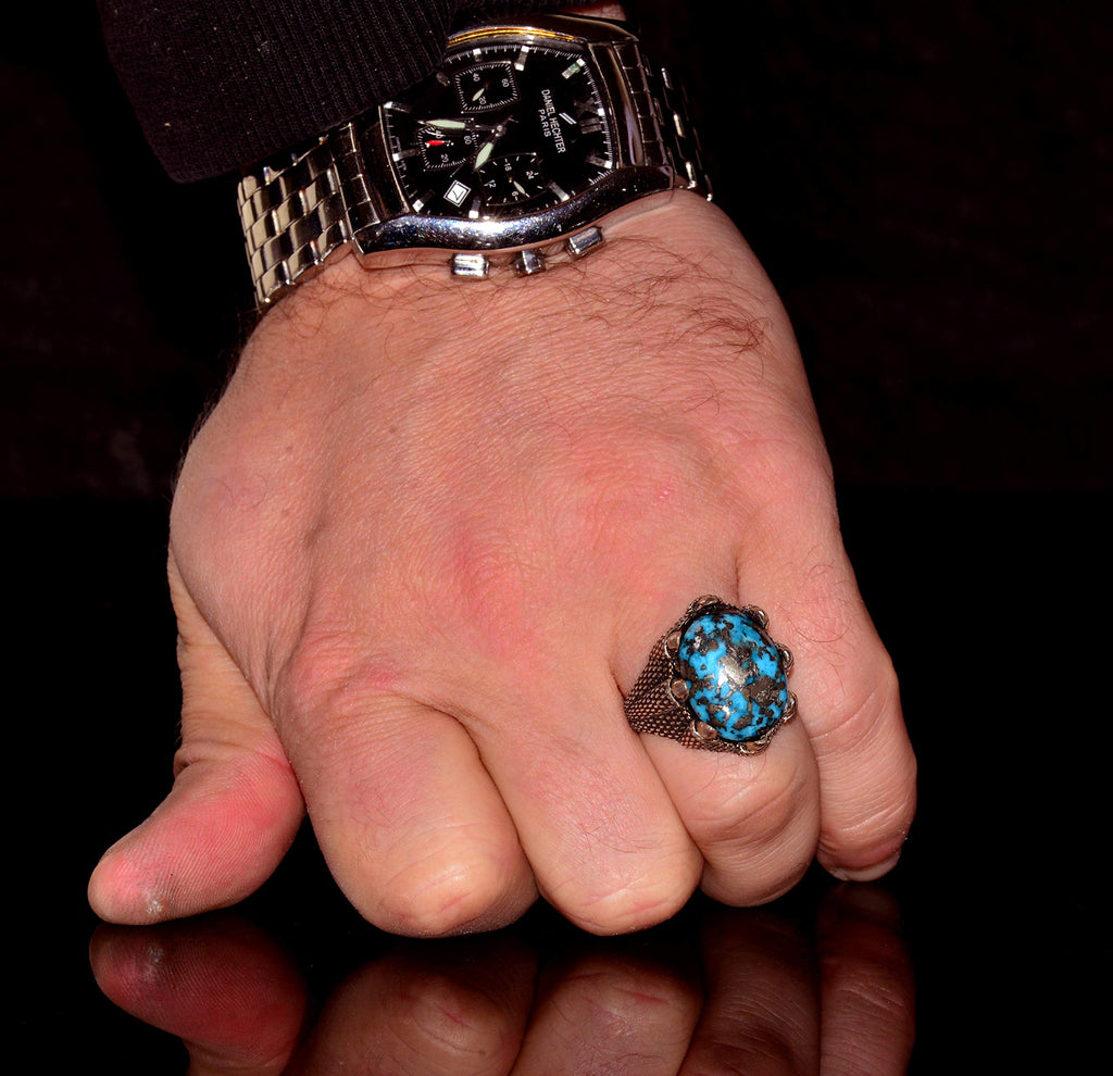 Silver Men's Ring - Arizona Turquoise Natural Stone - Hawk Claw Design (Model-2) — 7