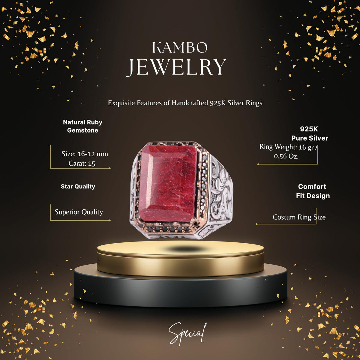 KAMBO Natural Stone Ring for Men 925 Sterling Silver - Rectangular Statement Ring Handmade Jewelry (Ruby) — 2