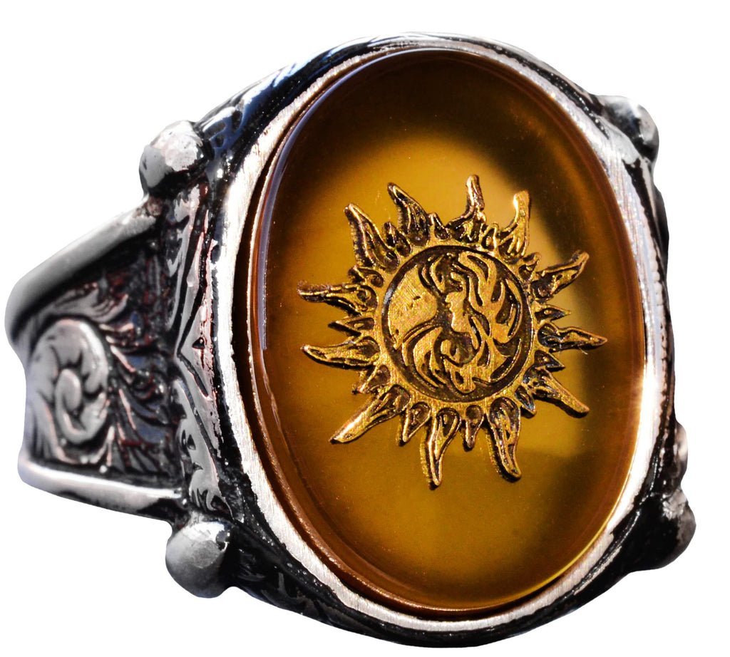 925 Sterling Silver Men's Ring with Created Yellow Agate Stone, Sun Design