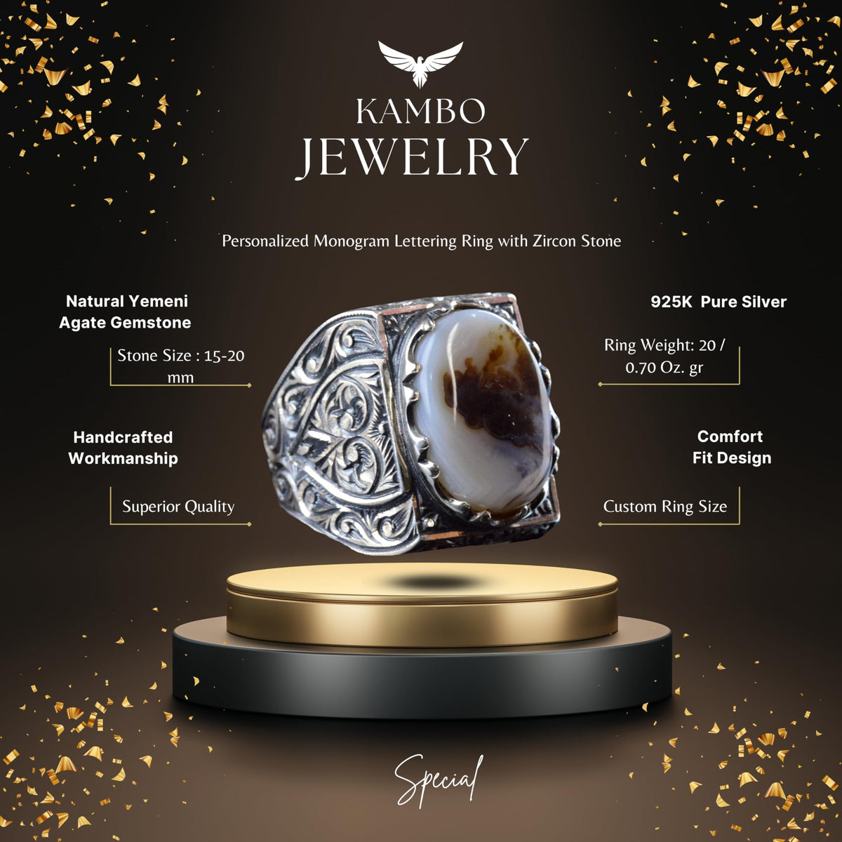 KAMBO Natural Agate 925 Sterling Silver Men's Ring with Yemeni Stone, Intricate Engraved Design, Large Bold Unique Patte