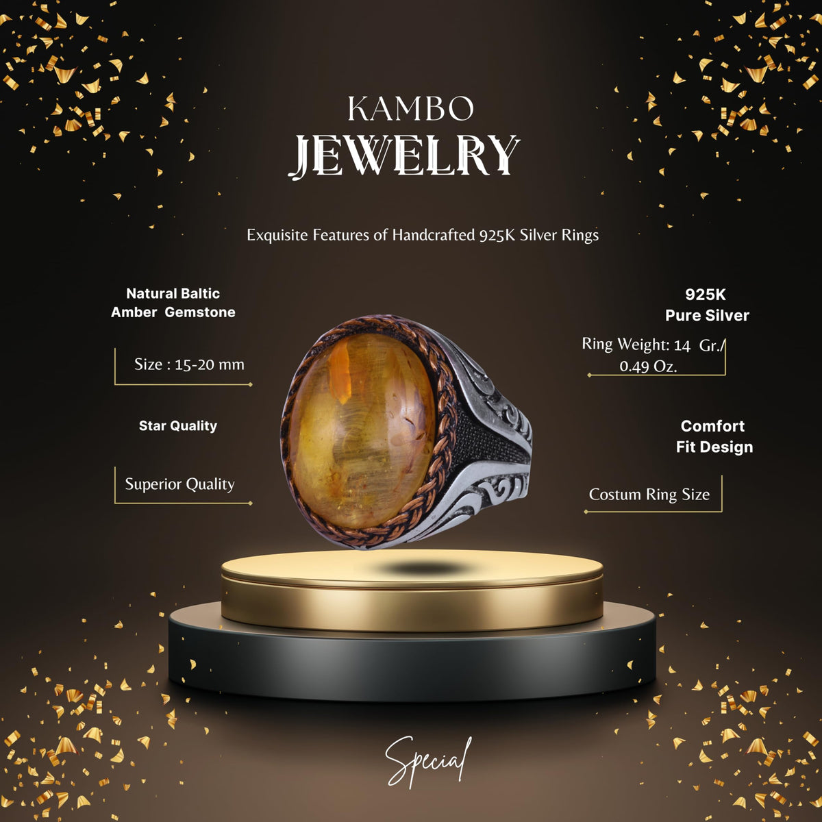 KAMBO Men's Natural Baltic Amber Stone Ring – 925 Sterling Silver Handmade Statement Ring – Authentic Amber Jewelry with Ottoman Style Details (Style-1) — 2