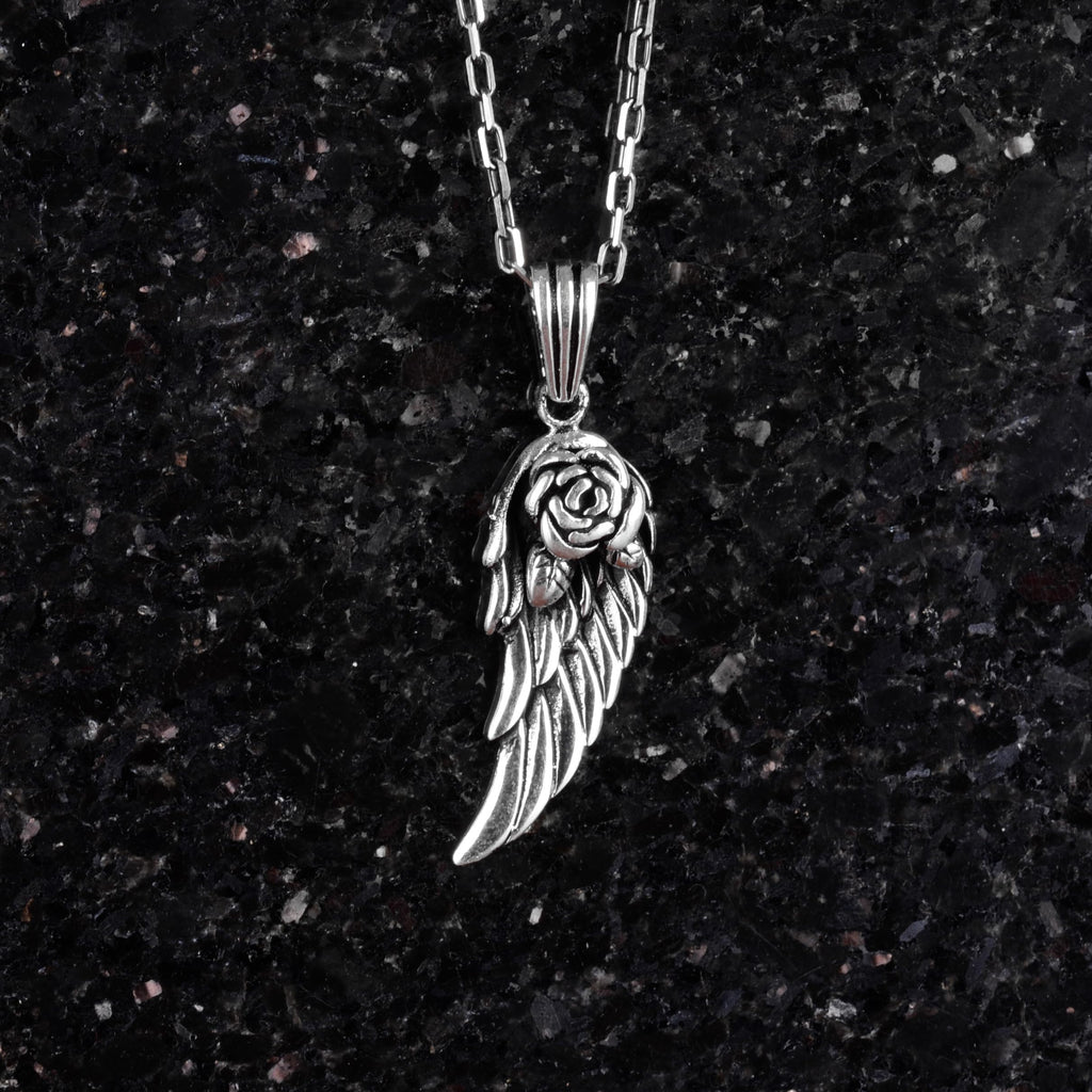 KAMBO 925 Sterling Silver Angel Wing Necklace with Rose Detail - Handmade Necklace — 4