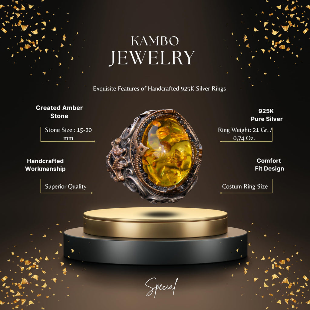 Handmade Non-Natural Stone Ring - 925 Sterling Silver Men's Jewelry (Honey Amber) — 2