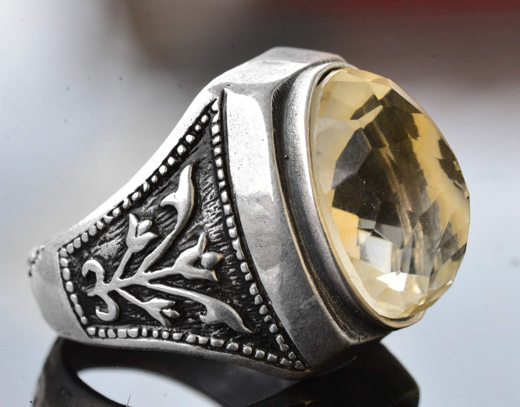 Silver Ring - Natural Oval Citrine Stone and Tulip Motif Design — 4