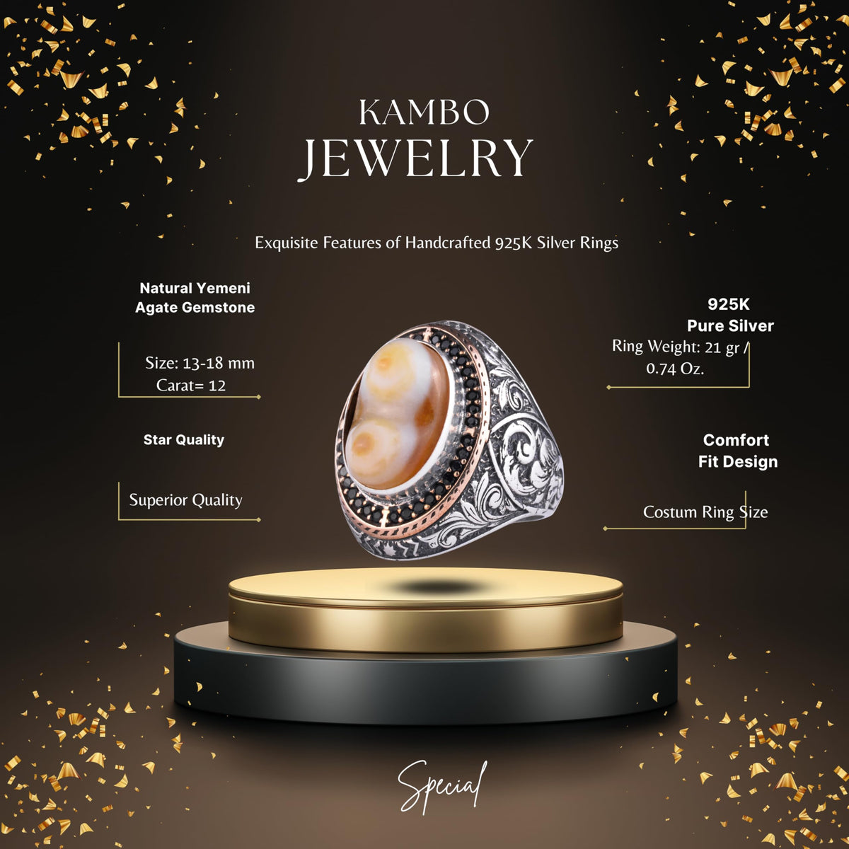 Men's Natural Stone Large Ring – Oval Stone Vintage Byzantine Engraved Statement Ring - Antique Filigree 925 Sterling Silver Jewelry (Yemen Agate) — 2