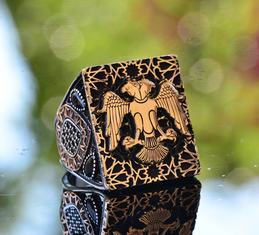 KAMBO Handmade 925 Sterling Silver Double Headed Eagle Ring for Men, Gothic Vintage Statement Jewelry, Large Animal Desi
