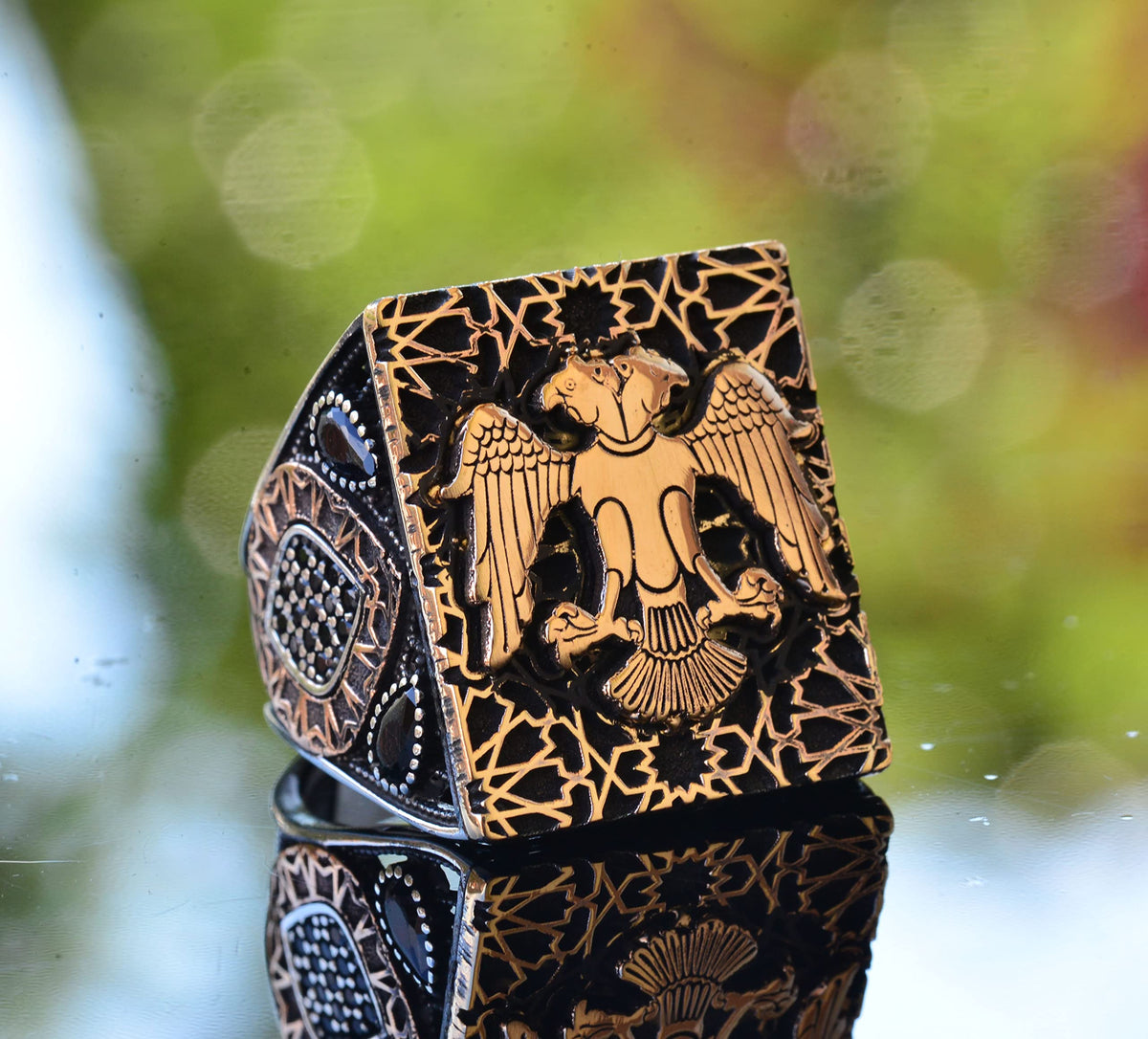 KAMBO Handmade 925 Sterling Silver Double Headed Eagle Ring for Men, Gothic Vintage Statement Jewelry, Large Animal Desi