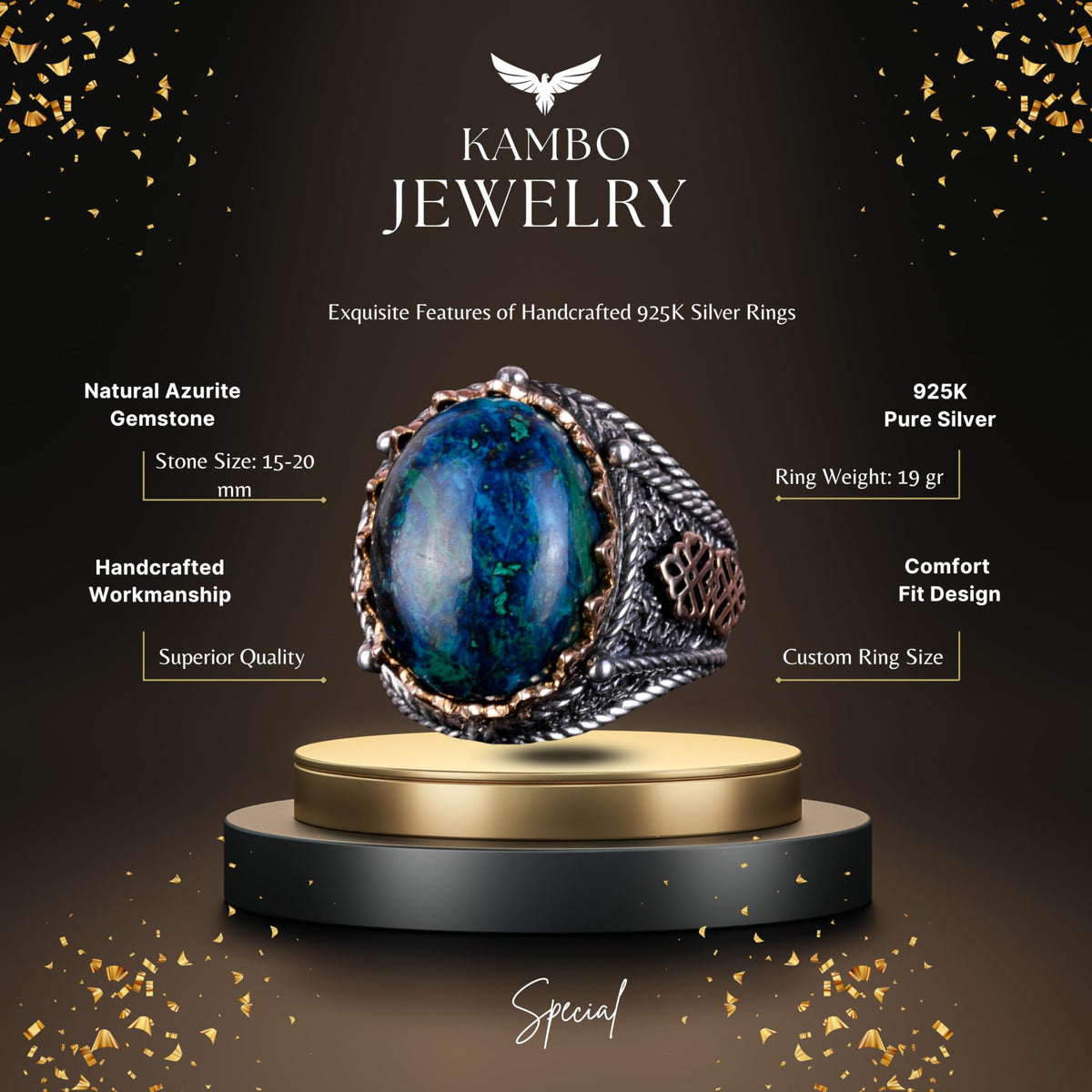 Silver Natural Azurite Gemstone Ring — 6