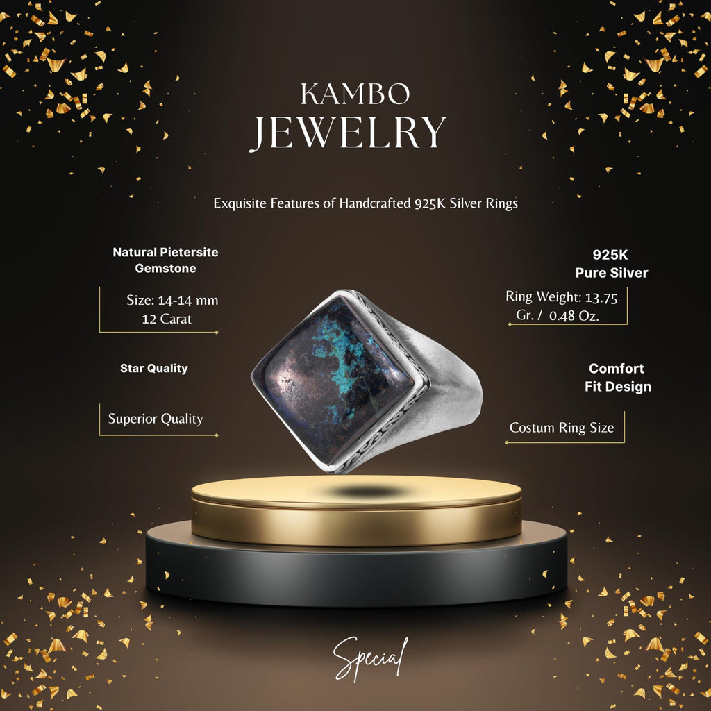 KAMBO Natural Stone Men's Ring 925 Sterling Silver – Square Cut Stone Handmade Minimalist Statement Ring (Pietersite) — 2