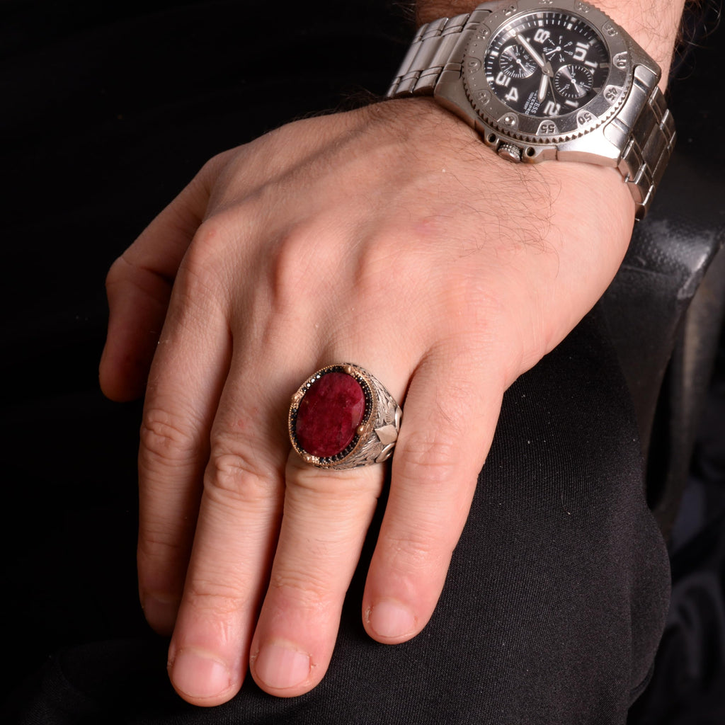 Natural Ruby Stone Men's Ring - 925 Sterling Silver — 3