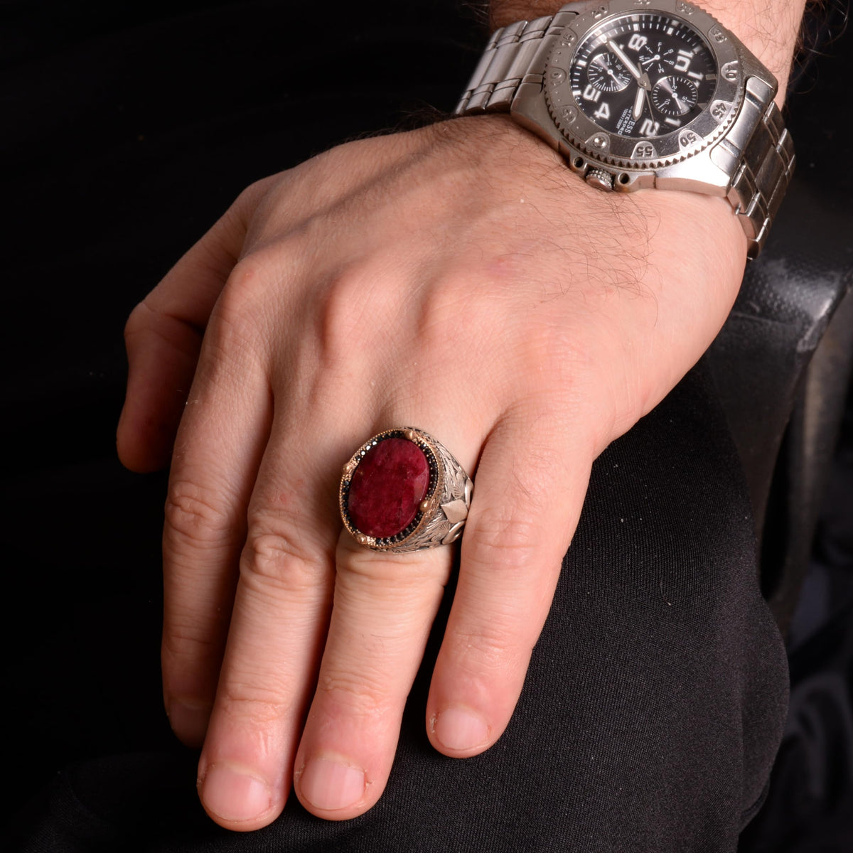 Natural Ruby Stone Men's Ring - 925 Sterling Silver — 3