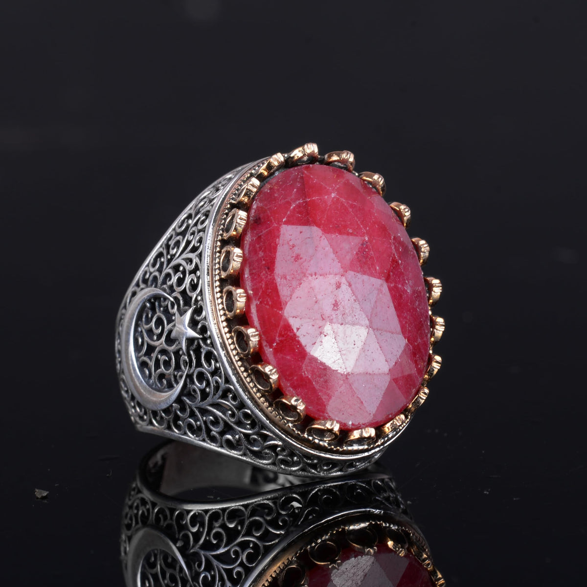 KAMBO 925 Sterling Silver Men's Natural Stone Ring - Moon and Star Design - Handmade Vintage Jewelry (Ruby) — 5