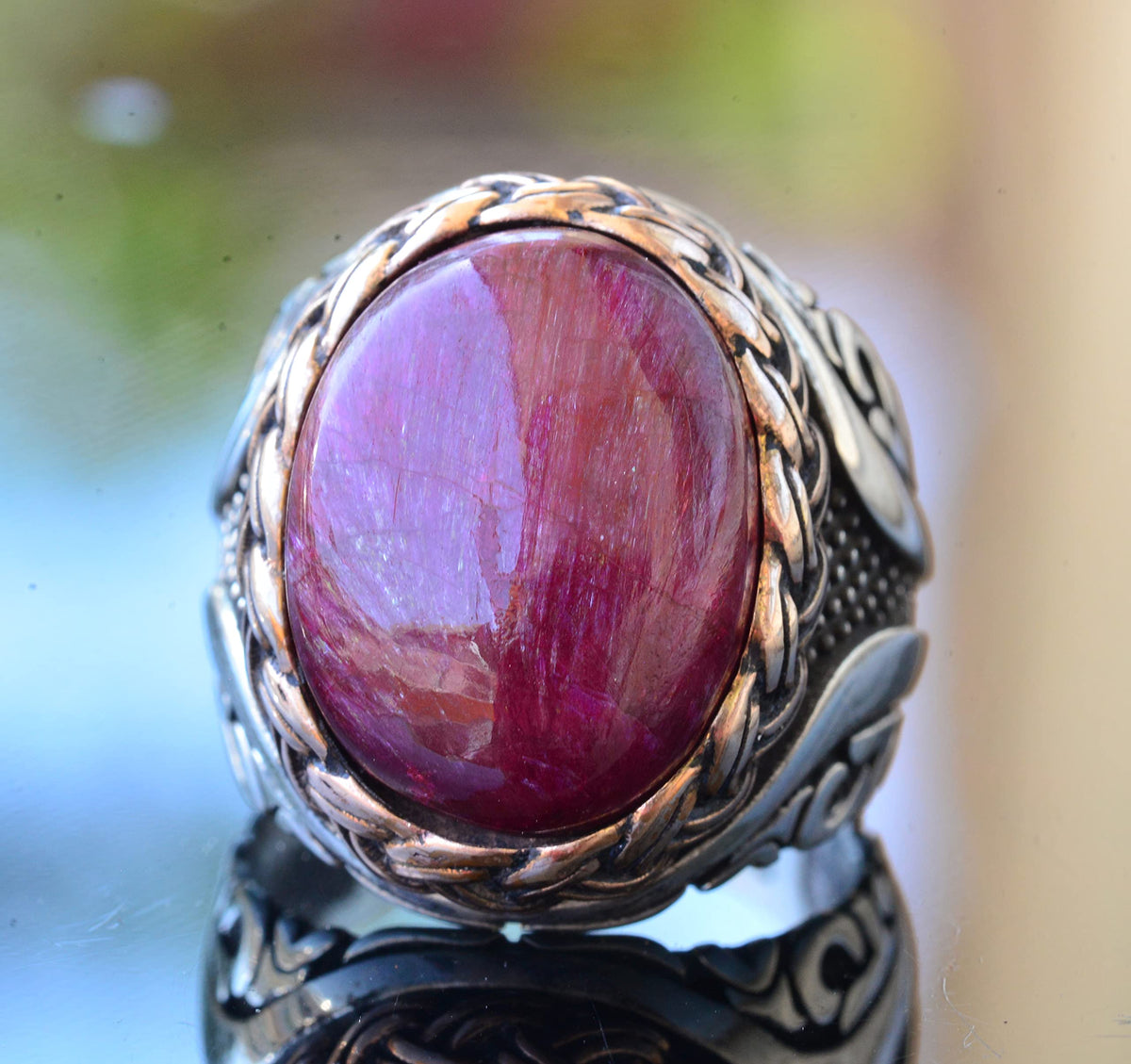 Natural Cabochon Ruby Stone Silver Men's Ring — 5